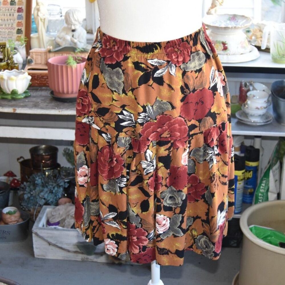 Vintage 90s Floral Rayon Skirt XS-M Rust Brown Rose Grunge Midi